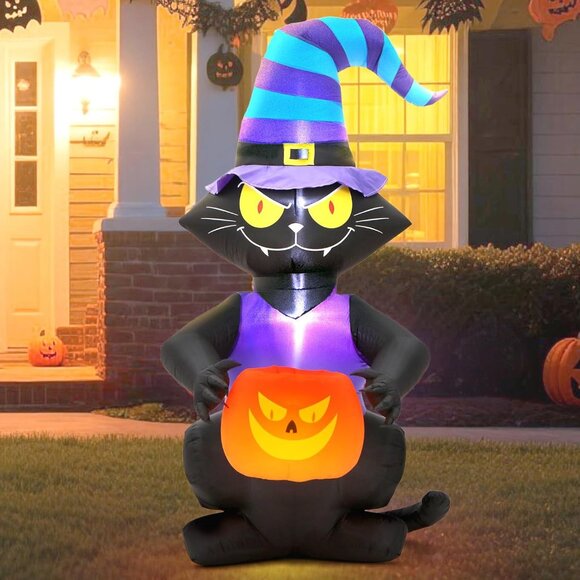 Black Cat with Witch Hat Halloween Blow Up Inflatable Decoration with LED Light - Picture 1 of 7